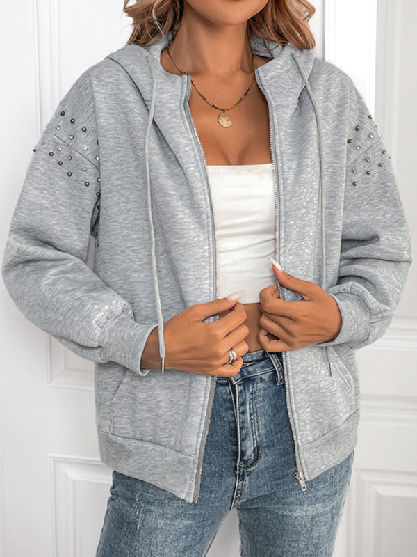 Heather Gray Studded Sleeve Hoodie for Women	