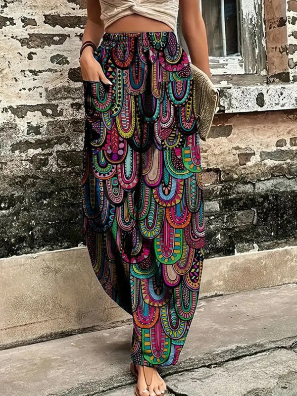 High-Waisted Boho Harem Pants with Artistic Floral Patchwork	