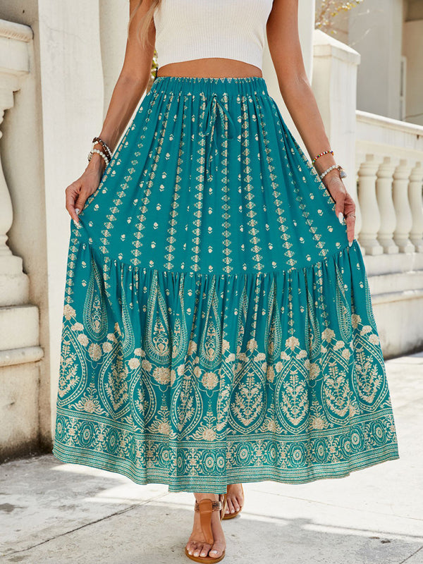 Gold Patterned Boho Midi Skirt for Summer Boho Midi Dresses