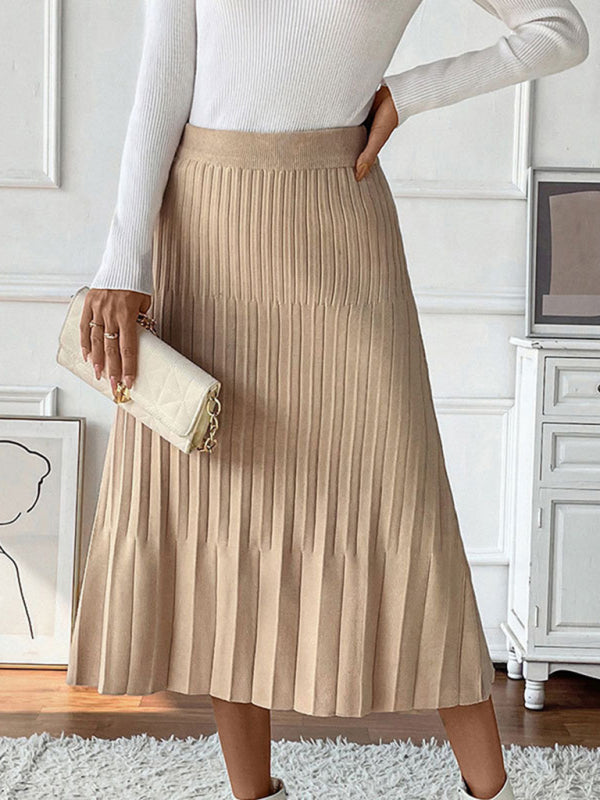 Pleated Midi Skirt - High-Waisted Soft Knit Skirt for Fall & Winter	