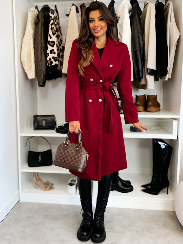 Elegant Wool Coat for Women Double-Breasted Belted Outerwear