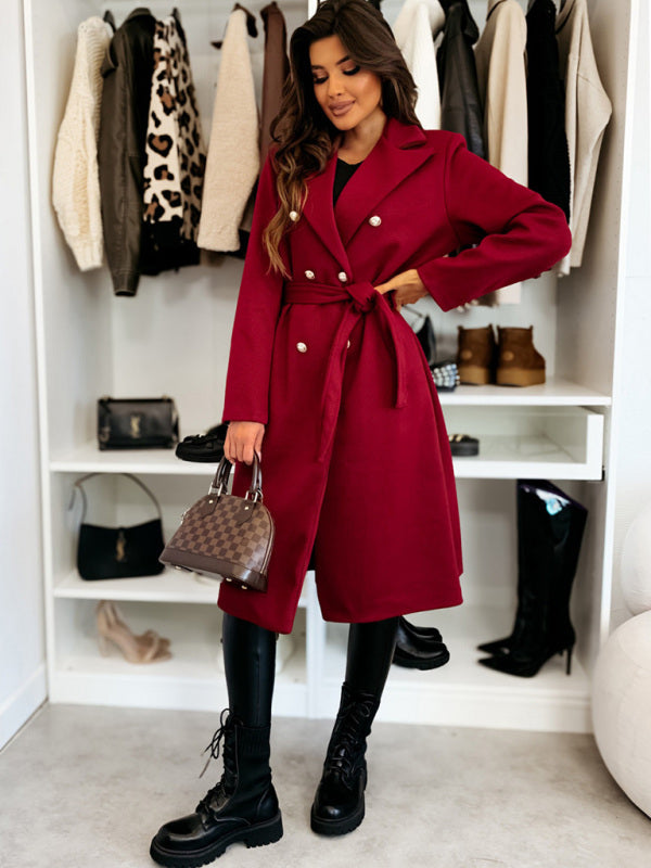 Elegant Wool Coat for Women Double-Breasted Belted Outerwear