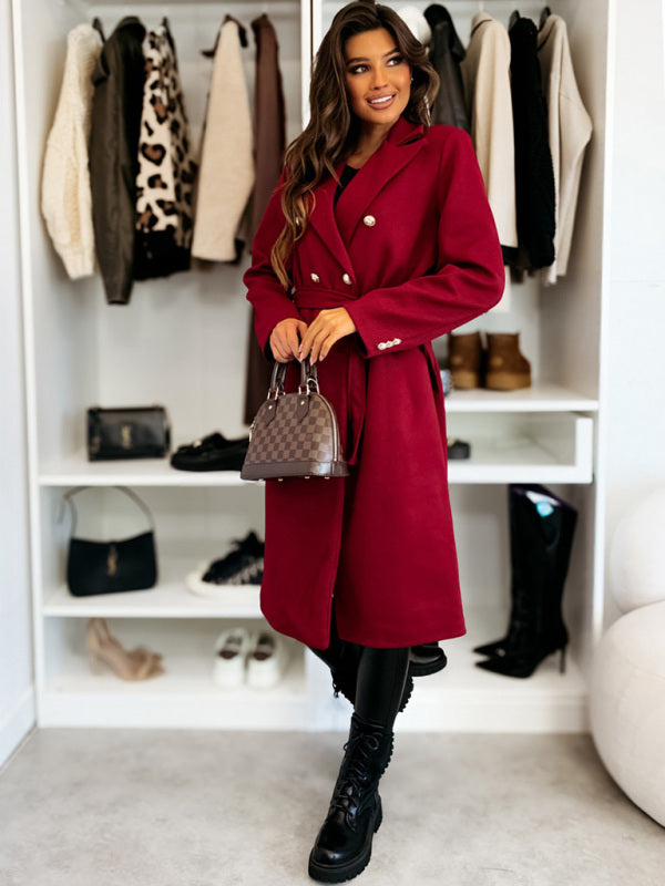 Elegant Wool Coat for Women Double-Breasted Belted Outerwear