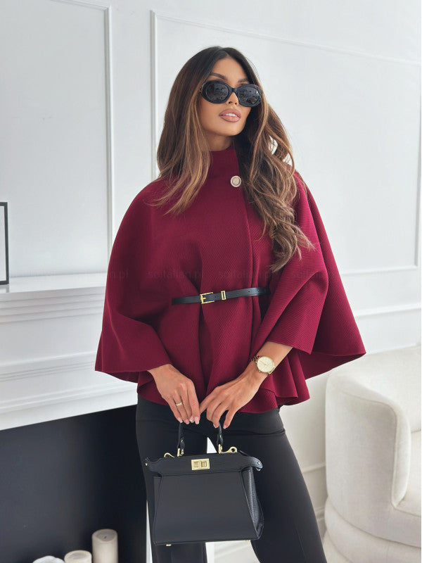 Elegant High-Neck Wool Poncho for Winter Belted Cape Ponchos