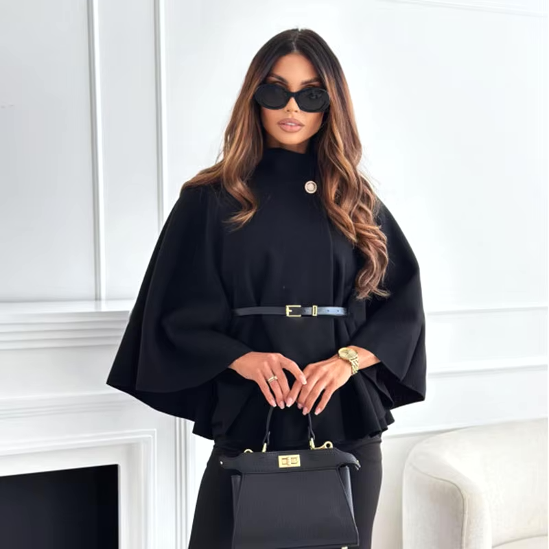 Elegant High-Neck Wool Poncho for Winter Belted Cape Ponchos