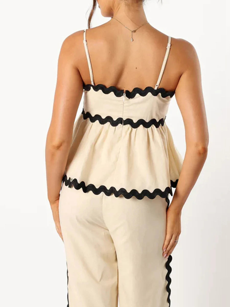 Peplum Cami Top &amp; Pants Set with Ric-Rac Contrast for Women