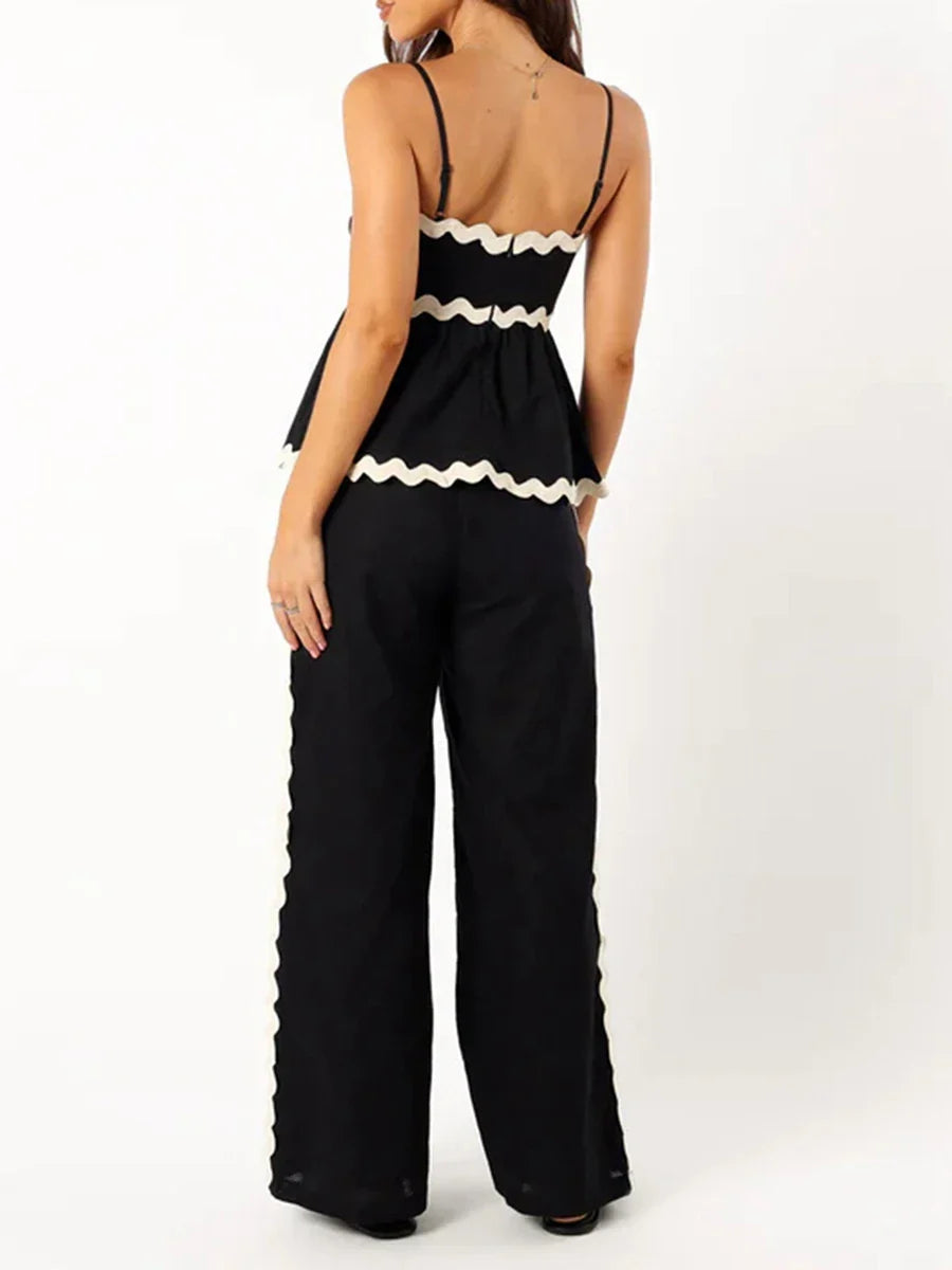 Peplum Cami Top &amp; Pants Set with Ric-Rac Contrast for Women