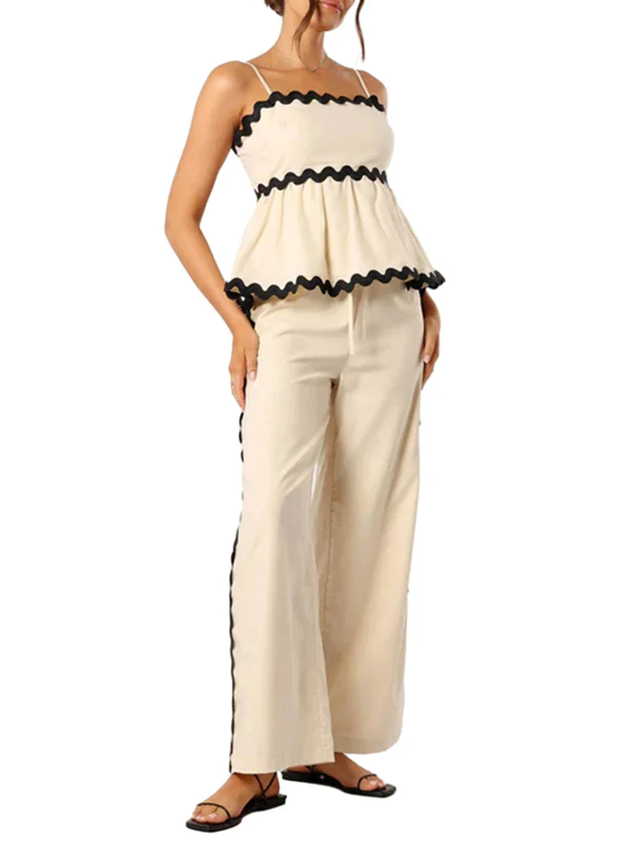 Peplum Cami Top &amp; Pants Set with Ric-Rac Contrast for Women