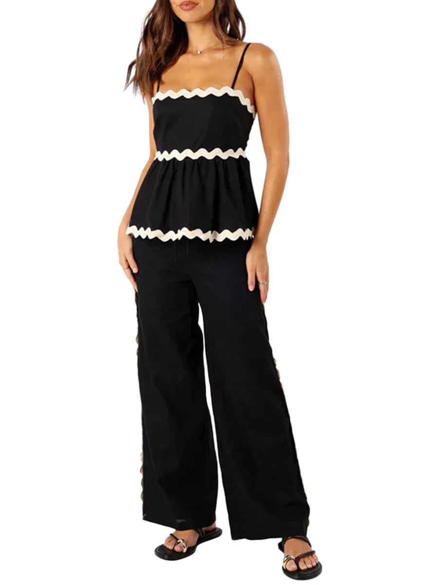 Peplum Cami Top &amp; Pants Set with Ric-Rac Contrast for Women