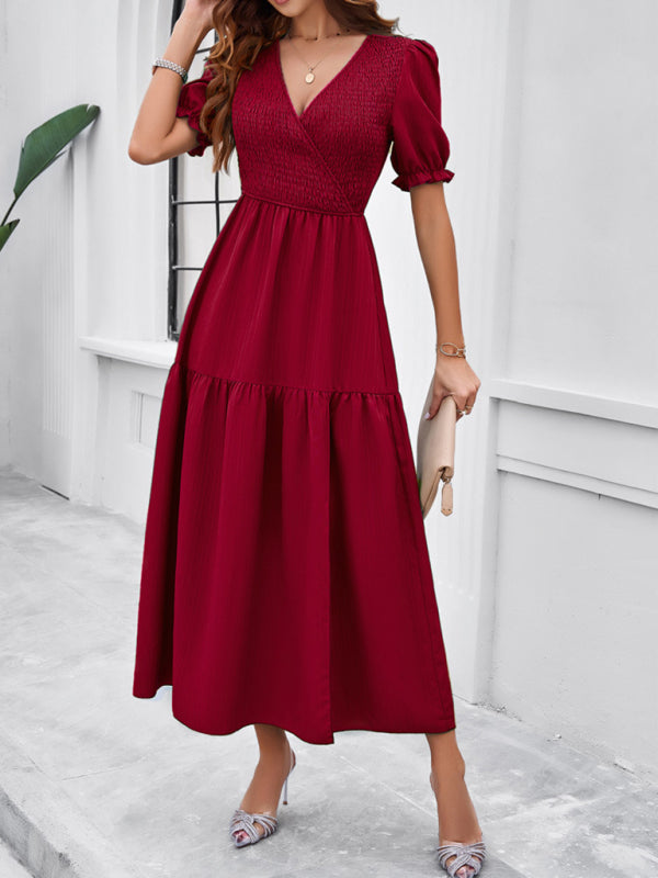 Women's Smocked Bodice Midi Dress with Solid Puff Sleeves Midi