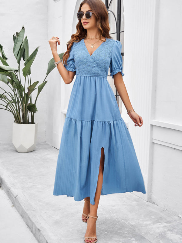 Women's Smocked Bodice Midi Dress with Solid Puff Sleeves Midi