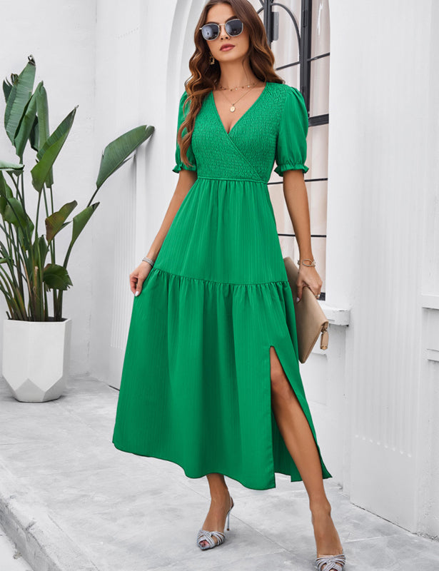 Women's Smocked Bodice Midi Dress with Solid Puff Sleeves Midi