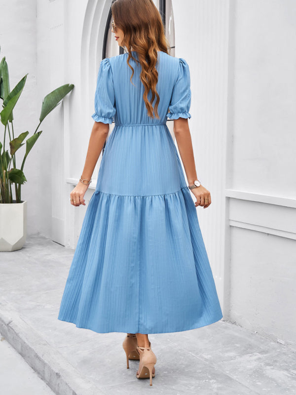 Women's Smocked Bodice Midi Dress with Solid Puff Sleeves Midi