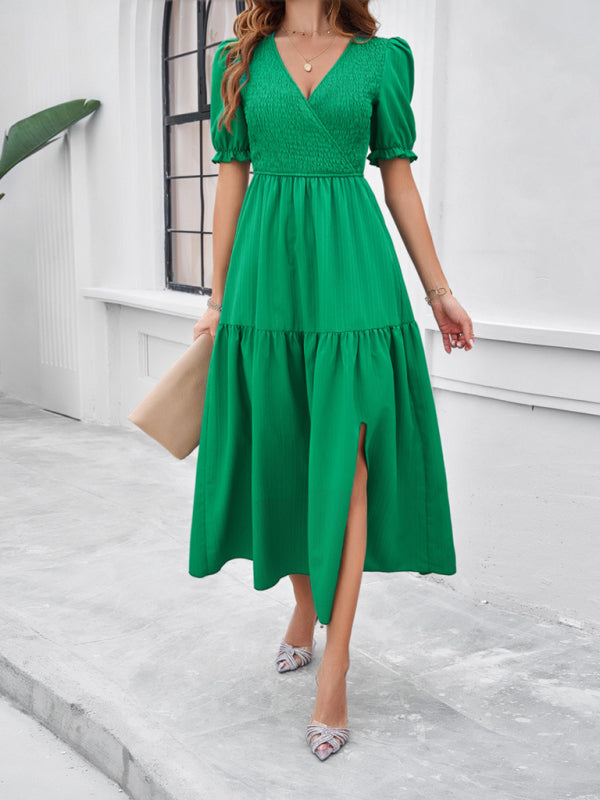 Women's Smocked Bodice Midi Dress with Solid Puff Sleeves Midi