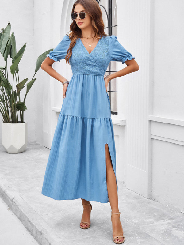 Women's Smocked Bodice Midi Dress with Solid Puff Sleeves Midi