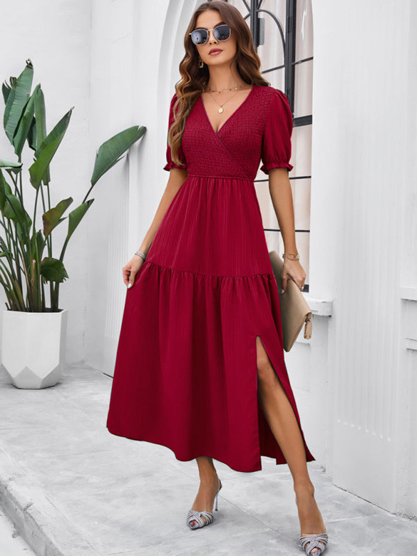 Women's Smocked Bodice Midi Dress with Solid Puff Sleeves Midi