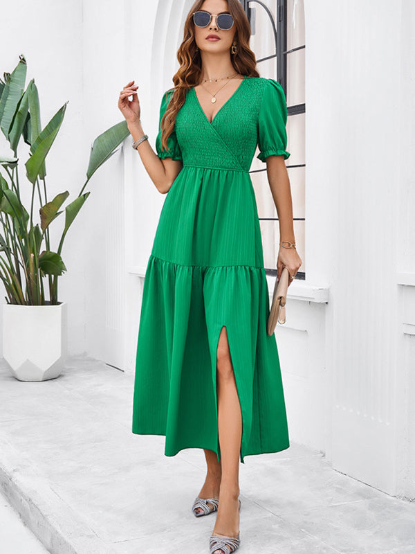 Women's Smocked Bodice Midi Dress with Solid Puff Sleeves Midi