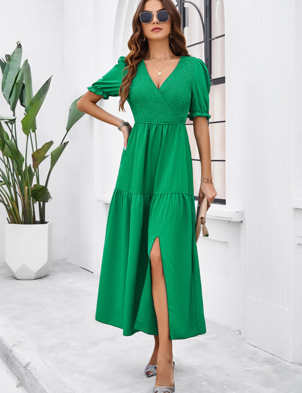 Women's Smocked Bodice Midi Dress with Solid Puff Sleeves Midi