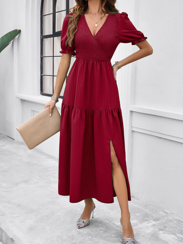 Women's Smocked Bodice Midi Dress with Solid Puff Sleeves Midi