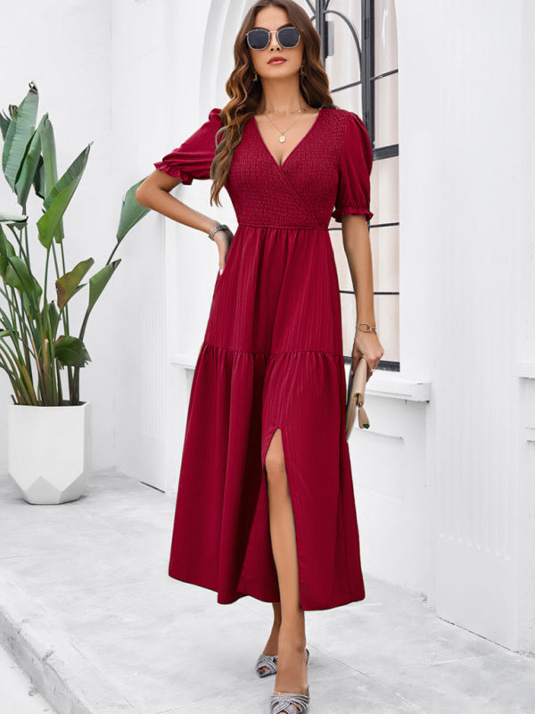 Women's Smocked Bodice Midi Dress with Solid Puff Sleeves Midi