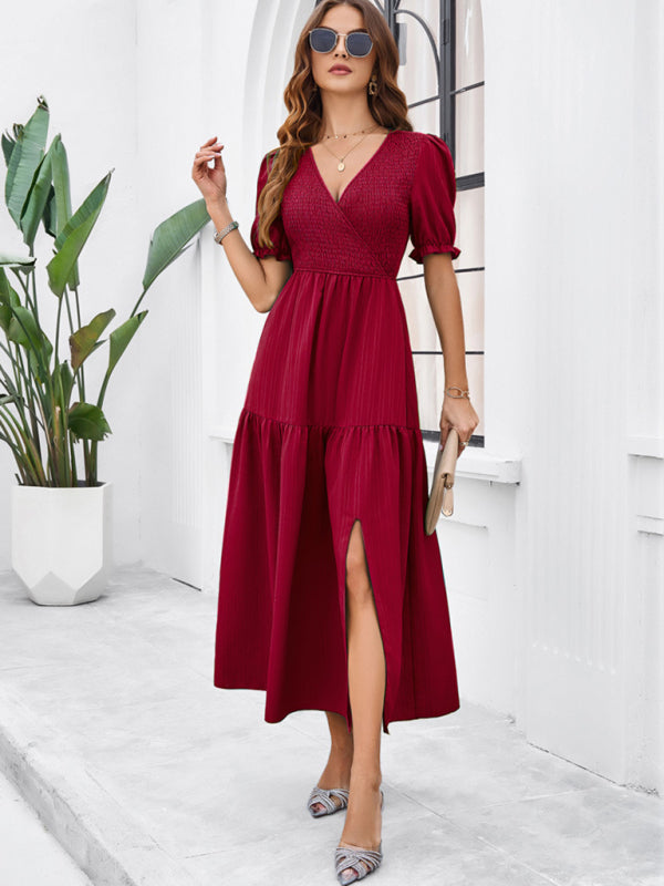 Women's Smocked Bodice Midi Dress with Solid Puff Sleeves Midi