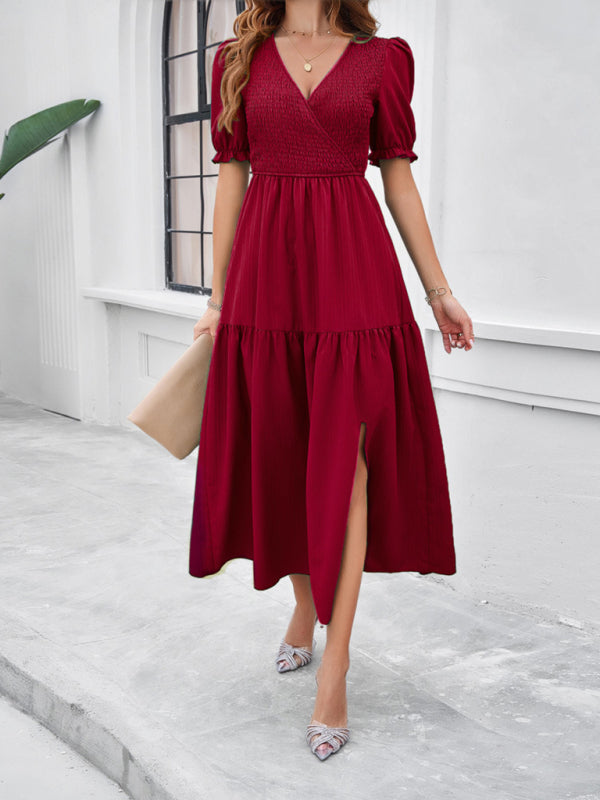 Women's Smocked Bodice Midi Dress with Solid Puff Sleeves Midi