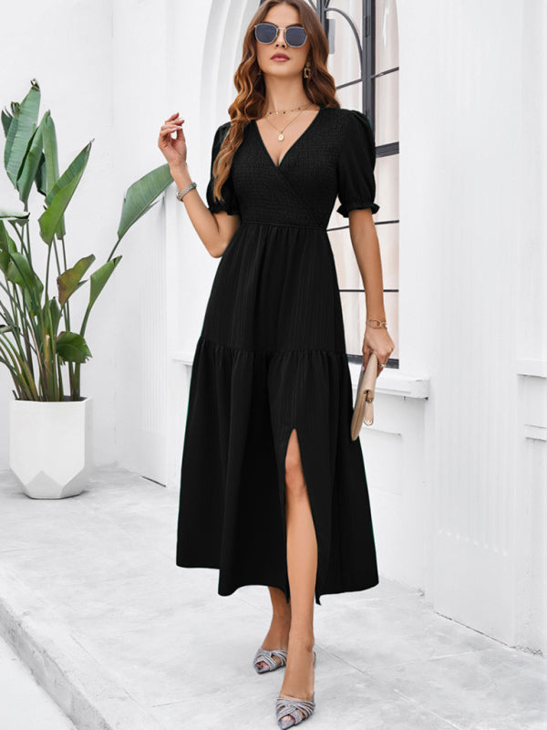 Women's Smocked Bodice Midi Dress with Solid Puff Sleeves Midi