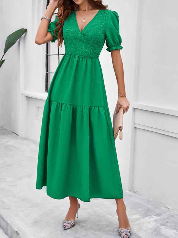 Women's Smocked Bodice Midi Dress with Solid Puff Sleeves Midi