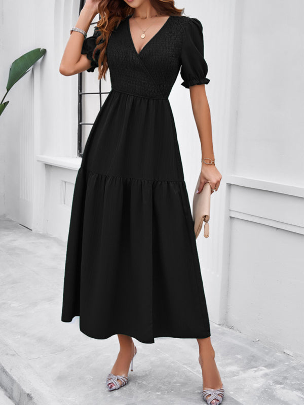 Women's Smocked Bodice Midi Dress with Solid Puff Sleeves	