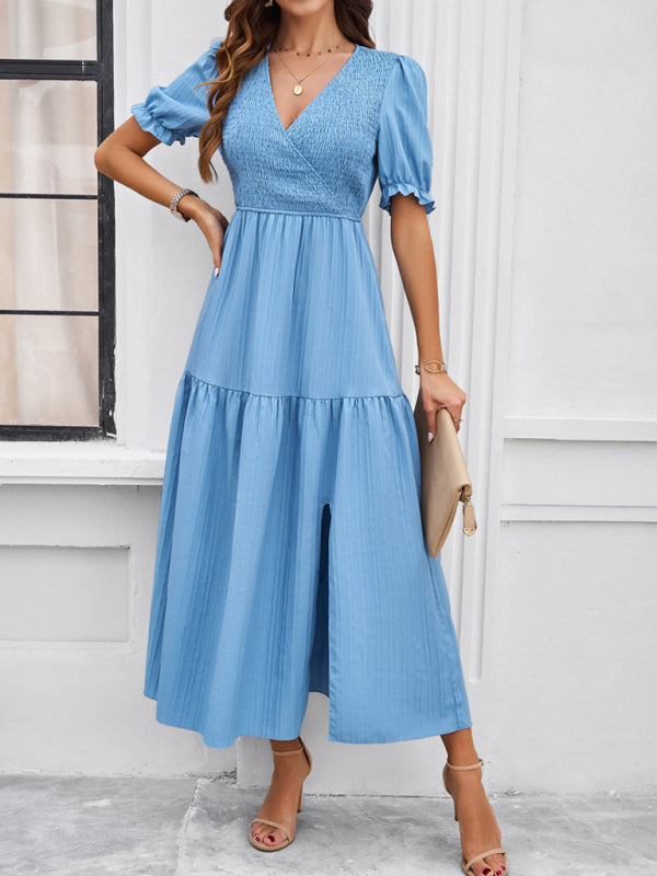 Women's Smocked Bodice Midi Dress with Solid Puff Sleeves Midi