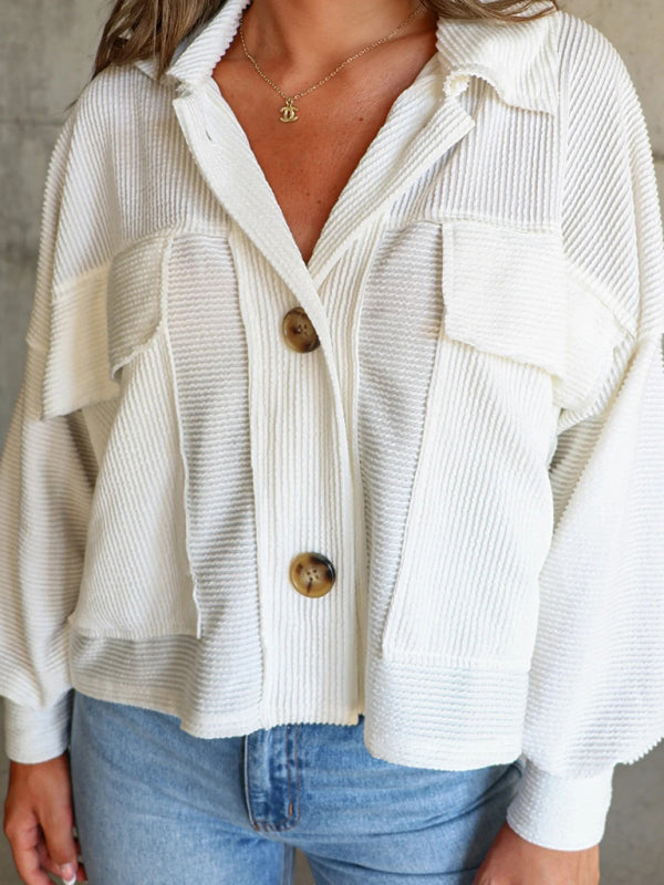 Button-Up Flap Crop Shacket in Waffle Textured	