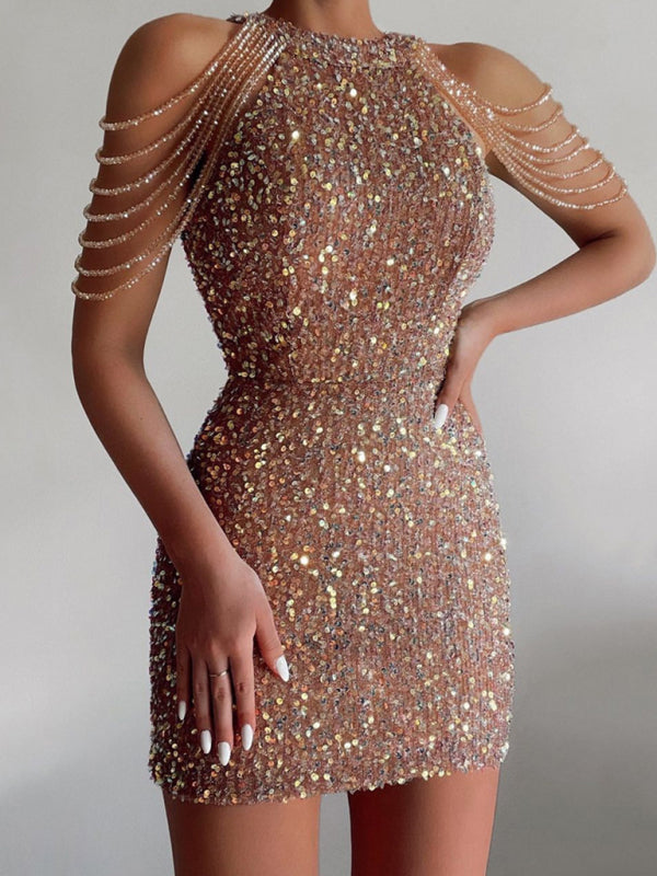 Elegant Sequined Chain Off Shoulders Bodycon Mini Dress	