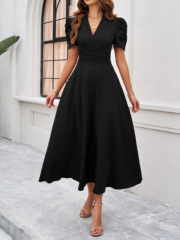 Women Elegant V-Neck Midi Dress with Puff Sleeves Cocktail