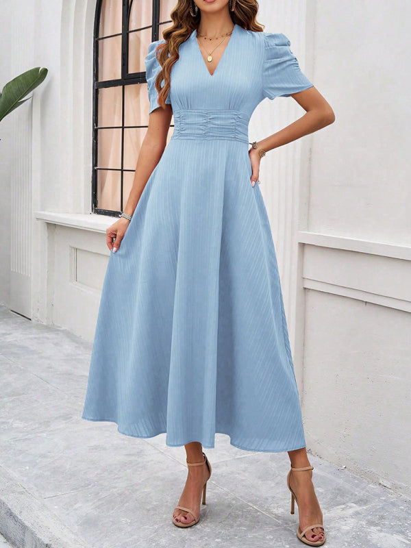 Women Elegant V-Neck Midi Dress with Puff Sleeves Cocktail