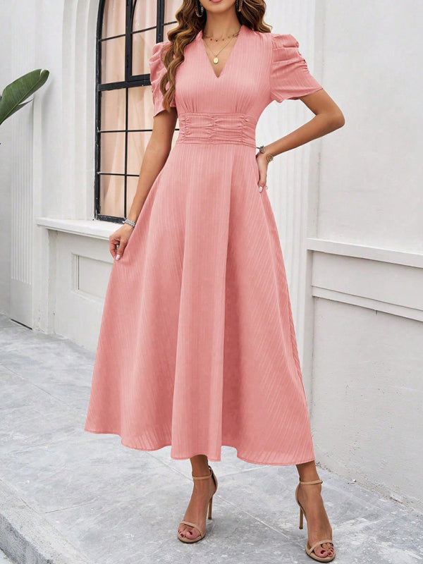 Women Elegant V-Neck Midi Dress with Puff Sleeves Cocktail