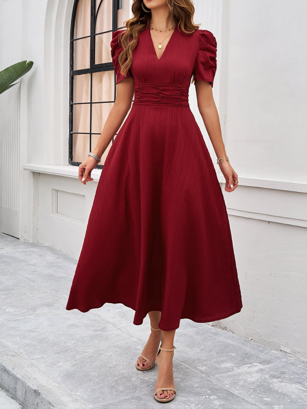 Women Elegant V-Neck Midi Dress with Puff Sleeves Cocktail