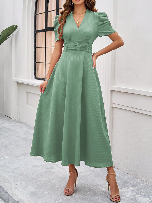 Women Elegant V-Neck Midi Dress with Puff Sleeves Cocktail