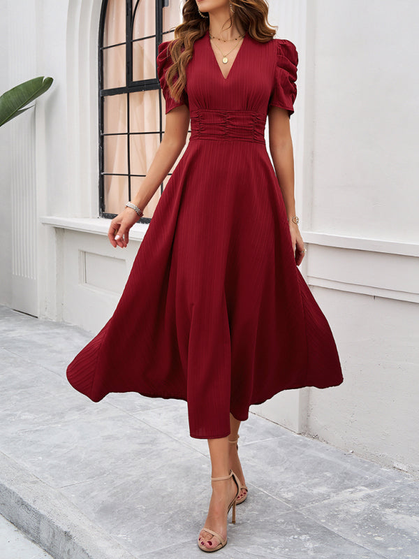 Women Elegant V-Neck Midi Dress with Puff Sleeves Cocktail