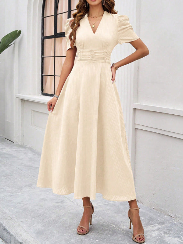 Women Elegant V-Neck Midi Dress with Puff Sleeves Cocktail