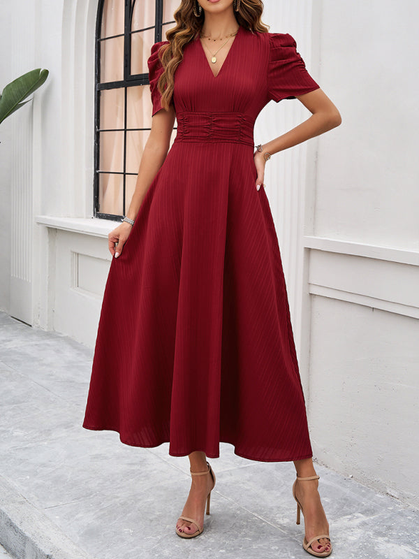 Women Elegant V-Neck Midi Dress with Puff Sleeves Cocktail