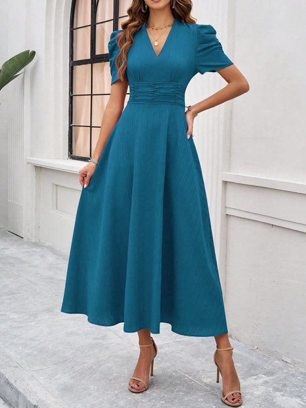 Women Elegant V-Neck Midi Dress with Puff Sleeves Cocktail