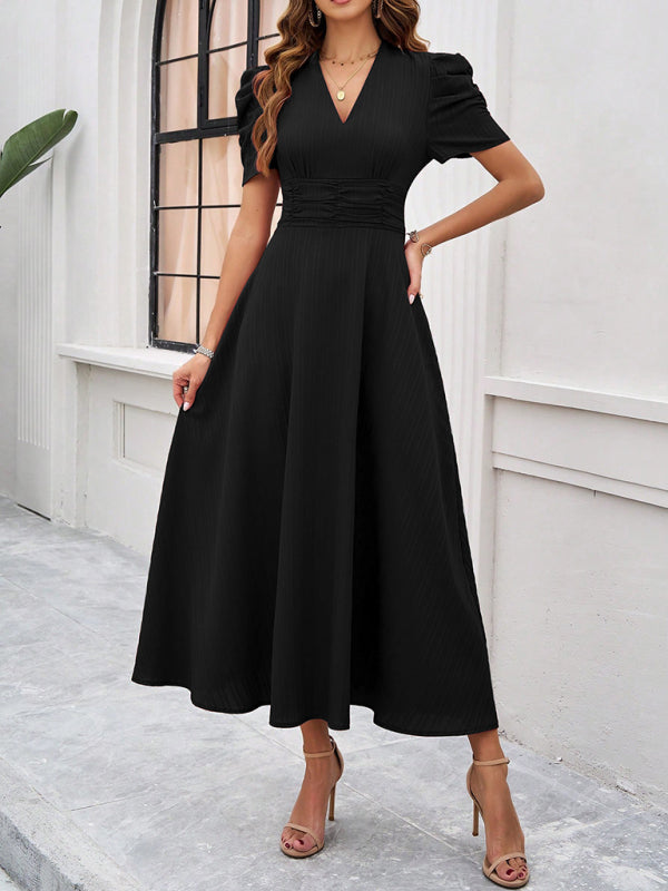 Women Elegant V-Neck Midi Dress with Puff Sleeves Cocktail