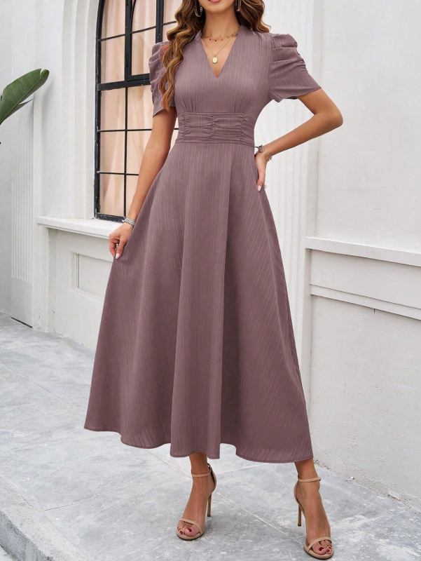 Women Elegant V-Neck Midi Dress with Puff Sleeves Cocktail