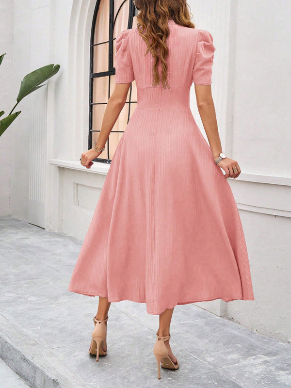 Women Elegant V-Neck Midi Dress with Puff Sleeves Cocktail