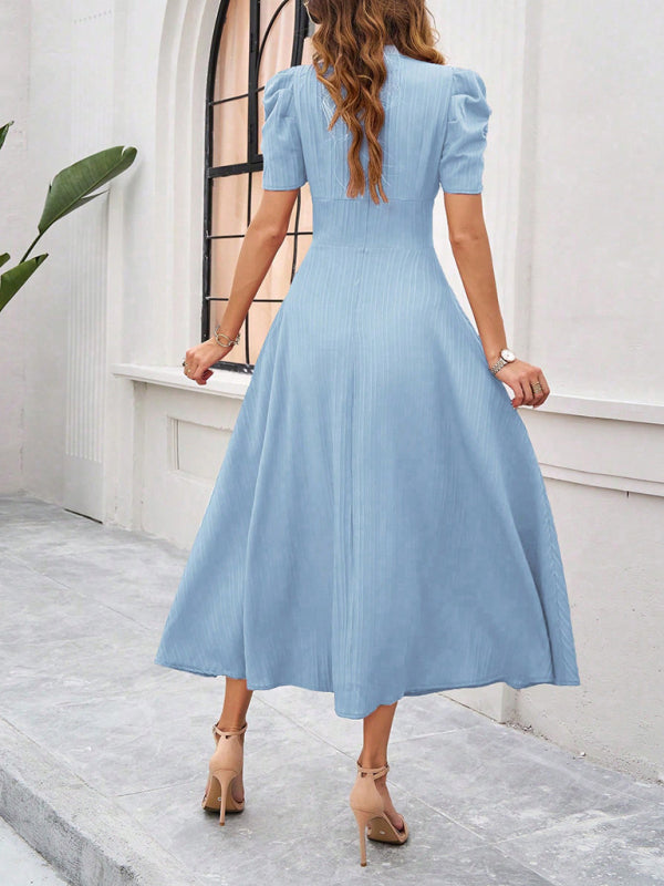 Women Elegant V-Neck Midi Dress with Puff Sleeves Cocktail