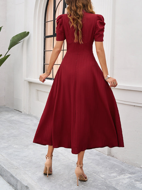 Women Elegant V-Neck Midi Dress with Puff Sleeves Cocktail