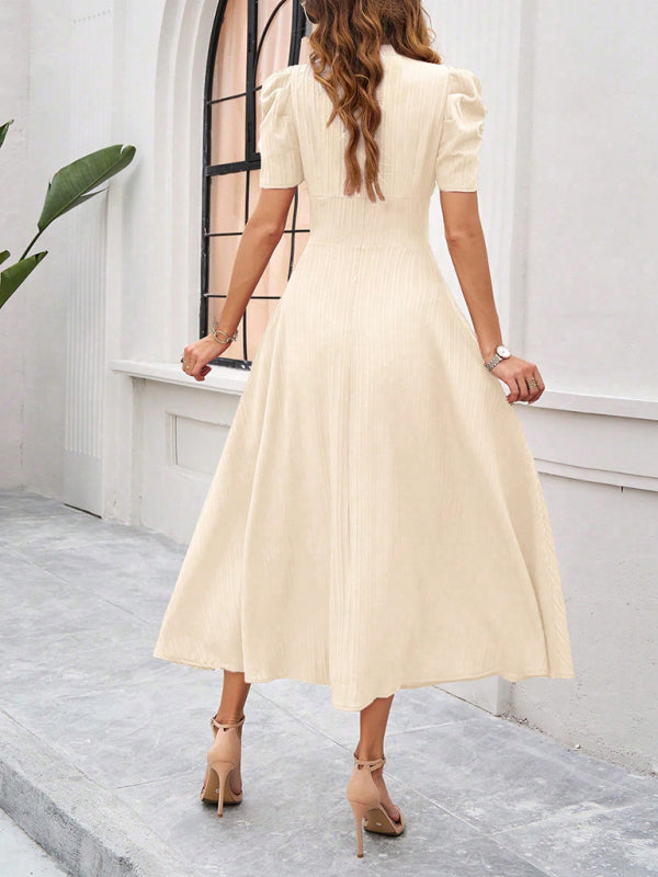 Women Elegant V-Neck Midi Dress with Puff Sleeves Cocktail