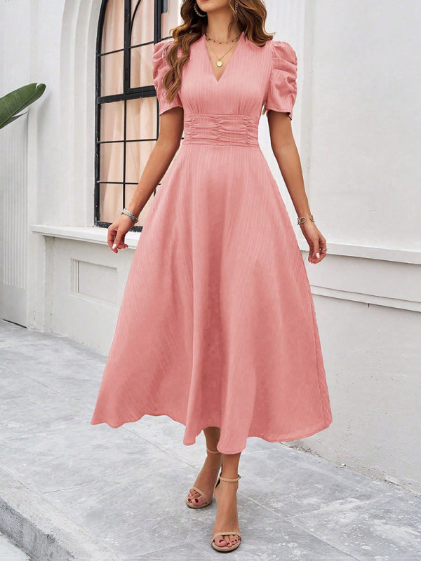 Women Elegant V-Neck Midi Dress with Puff Sleeves Cocktail