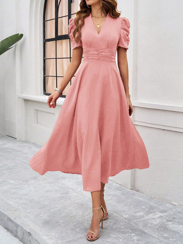 Women Elegant V-Neck Midi Dress with Puff Sleeves Cocktail