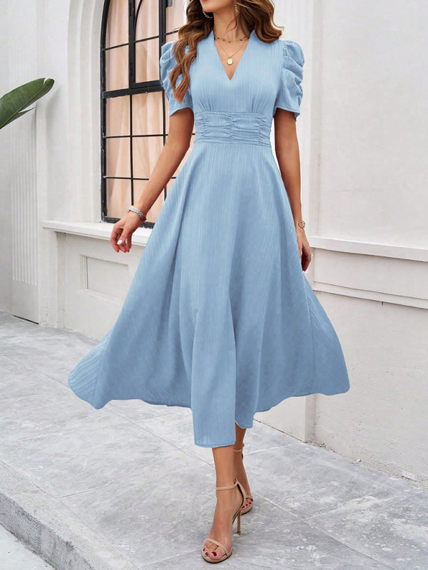 Women Elegant V-Neck Midi Dress with Puff Sleeves Cocktail